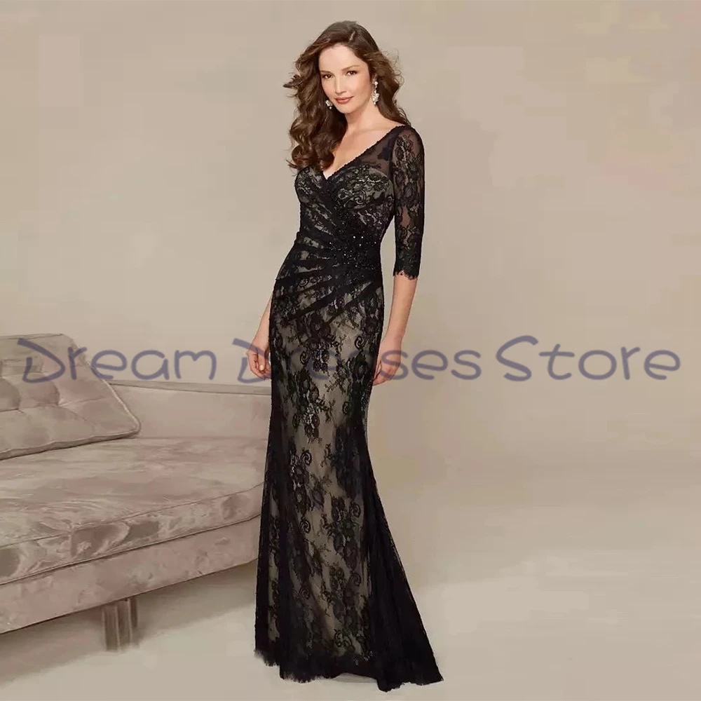 

Retro Black Mother Of Bride V-neck Floor length Applique Dresses Lace Flower V-neck Dress for Wedding 2023 Summer Mère Formelle