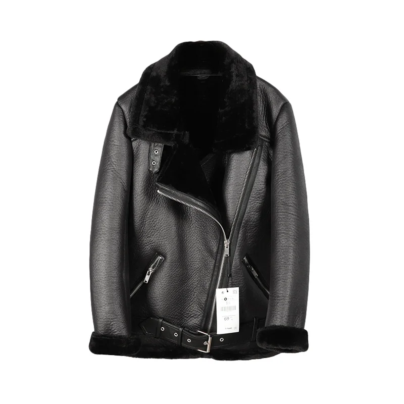One-piece Fur Leather Jacket Women Winter Warm Motorcycle Leather Coat With Velvet Padded Outwear Female Knight Zipper Coats
