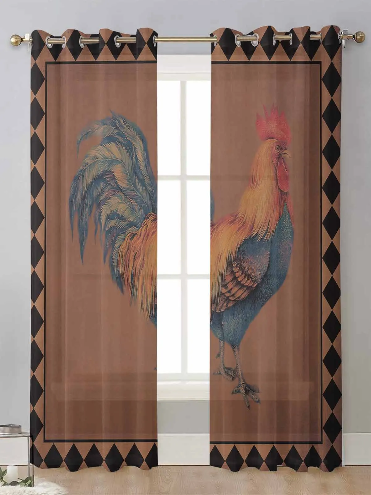 

Farm Animal Rooster Retro Plaid Sheer Curtains For Living Room Window Transparent Voile Tulle Curtain Cortinas Drapes Home Decor