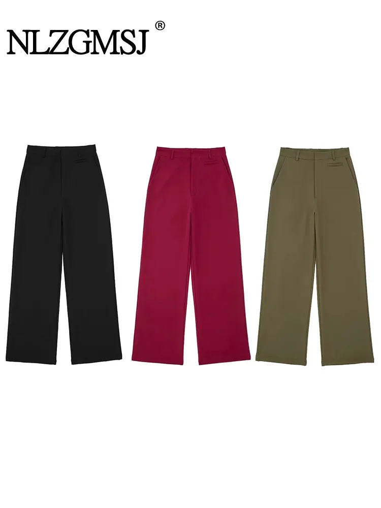 

Nlzgmsj TRAF Women Fashion Side Pockets Front Button Full Length Pants Vintage High Waist Zipper Fly Female Trousers Mujer