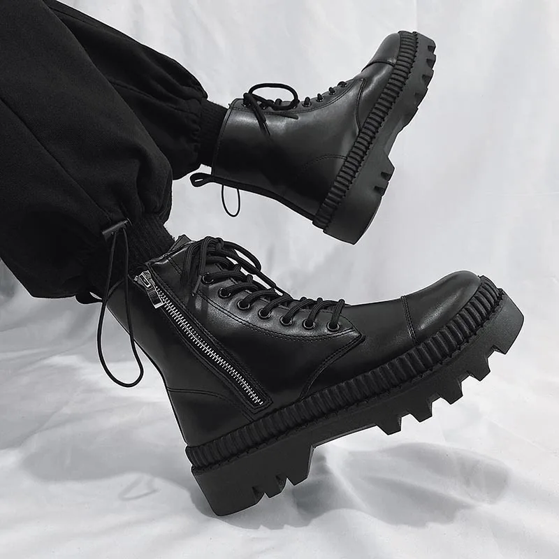 

British Style Hightop Leather Boots Large Size 2022 Autumn and Winter Trend Side Zipper Boots Men Boots Motorcycle Tooling Boots