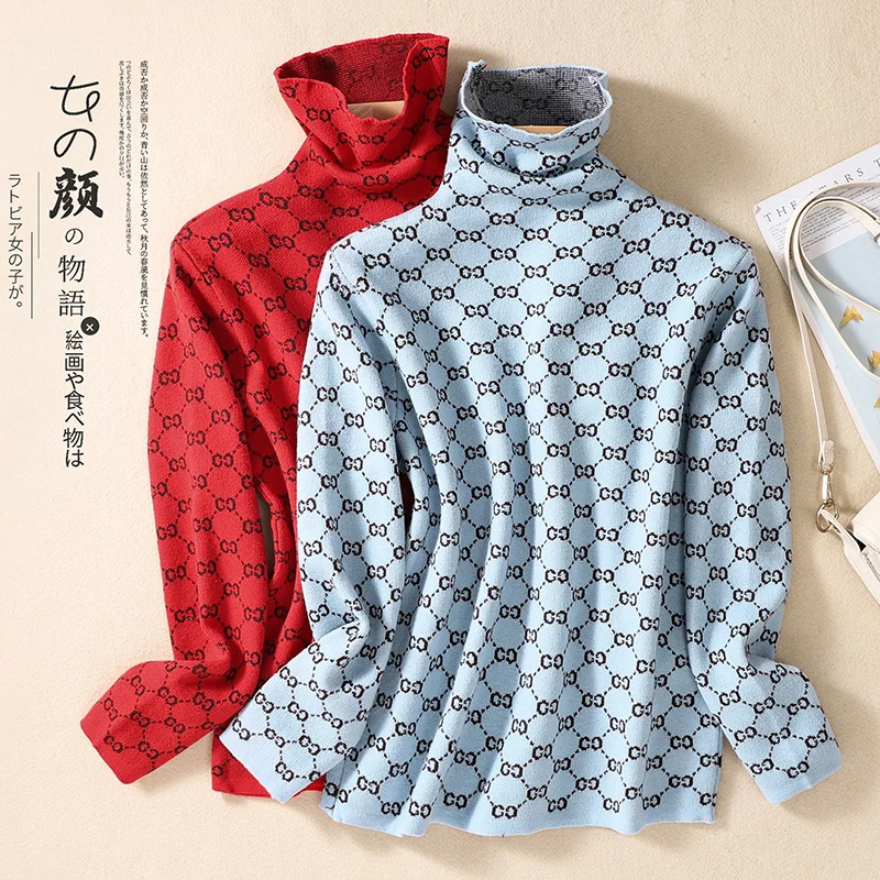 

Real Time Knitted Sweater Autumn Winter Korean Long Sleeved High Collar Large Size Sweater Women Red Blue