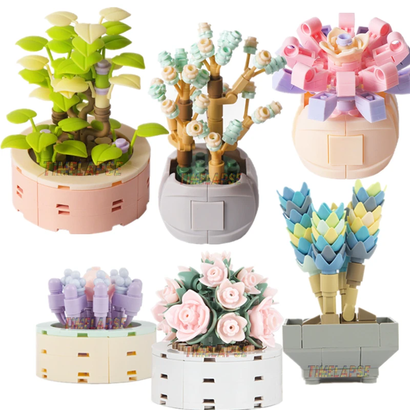 

DIY MOC Potted Plants Succulents Cactus Gypsophila Bonsai Tree Gardens Romantic Building Blocks Model Bricks Kids Sets Kits Toys