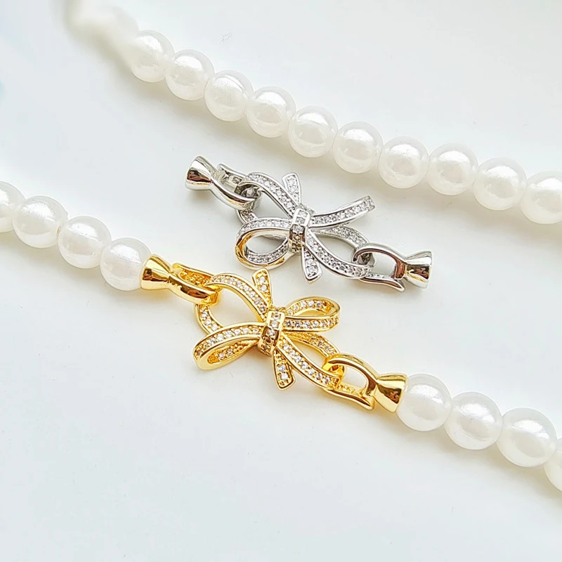 42mm X 16mm Love Knot Clasp Decorative Buckle Platinum Plated And Copper Zirconia Inlay For Chain Necklace Removable Both Sides