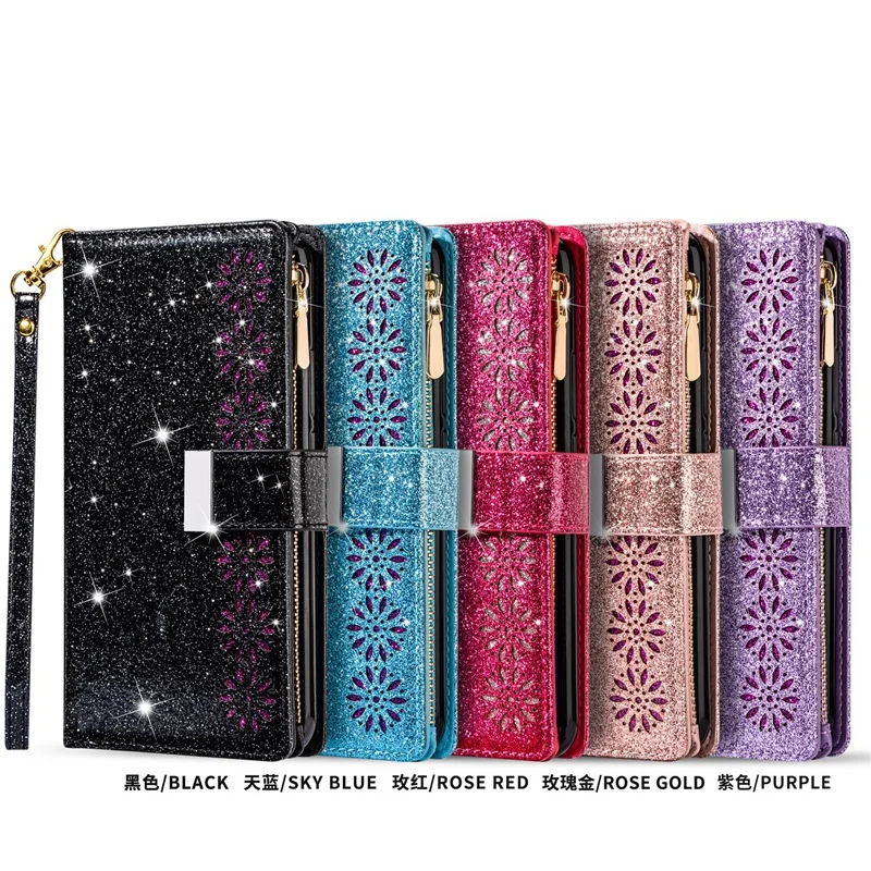 Laser Glitter Powder 9 Card Slots Wallet Case for Redmi Note 11 10 9 8 Redmi 10C 10 9C 9A 8A Flip Cover for Poco M4 Pro X4 Pro