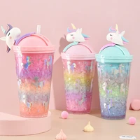 430ml unicorn carton water bottle with straw double layer with lid clear water bottle cute for girls kawaii pink drop shipping