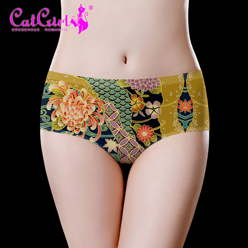 

New Girl Ice Silk Breathable Panties Low Waist One-piece Printed Sexy Briefs