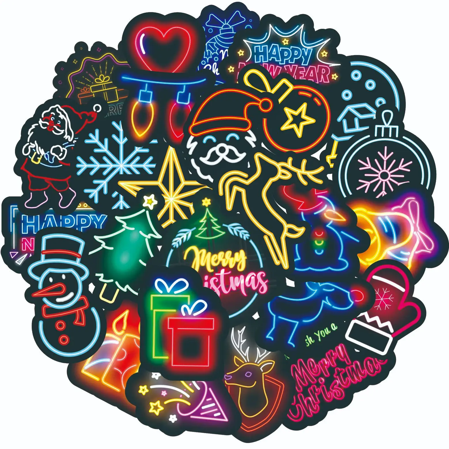 

10/30/50Pcs Neon Christmas Decoration Graffiti Sticker Water Cup Luggage Refrigerator Notebook Waterproof Atmosphere Sticker
