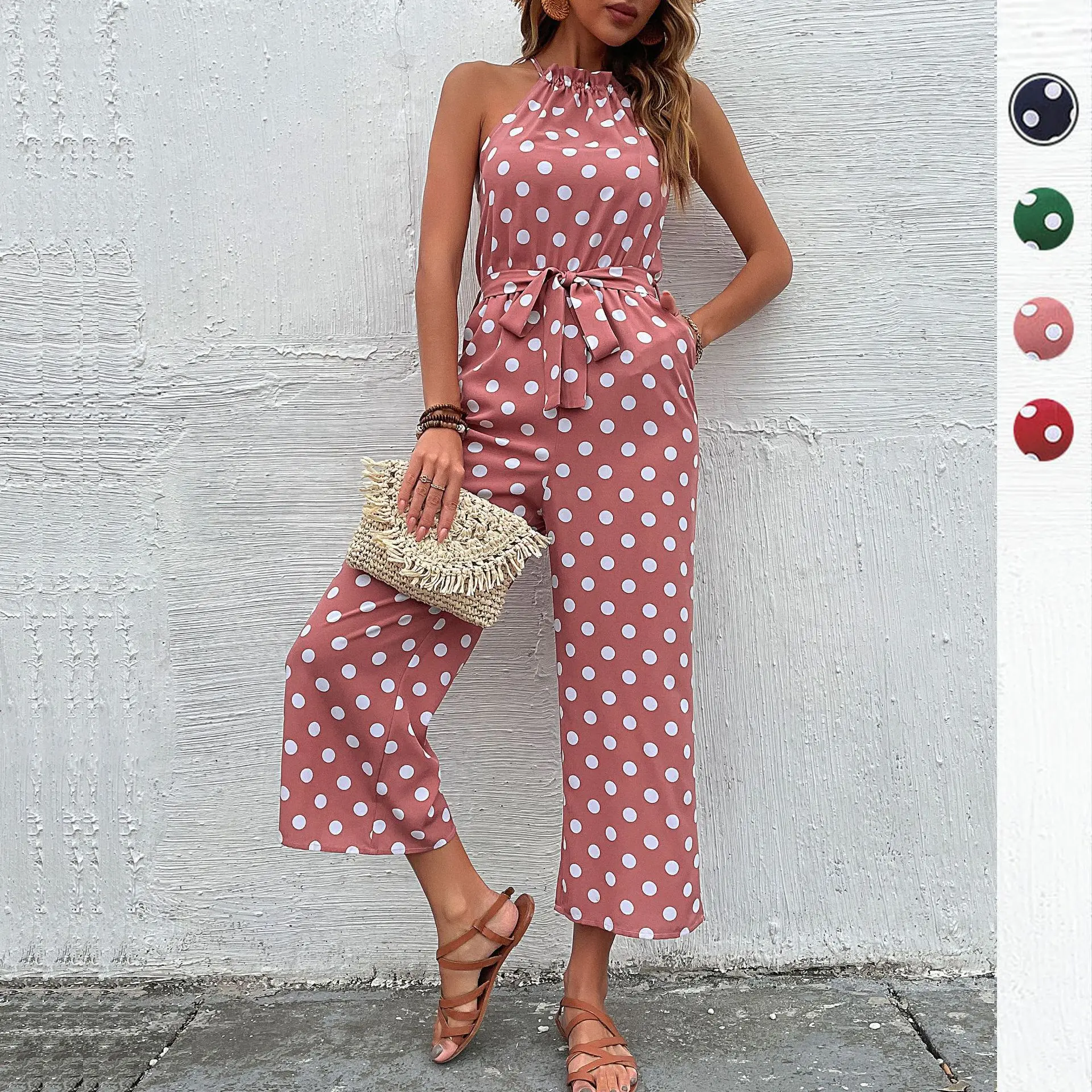 Women's Clothing 2023 Summer New Wave Point Wide-leg Jumpsuit Hanging Neck Suspenders Jumpsuit One Piece Outfit Women