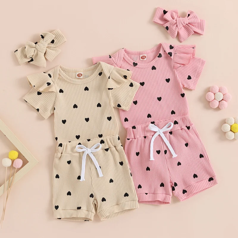 

Infant Summer Ribbed 2Pcs Baby Girls Heart Print Casual Sweet 3Pcs Fly Sleeve Romper + Elastic Waist Shorts with Headband