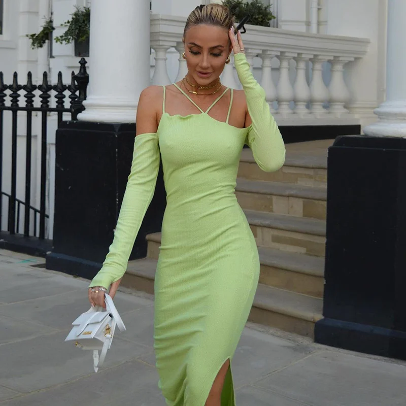 

Женское летнее платье Zoctuo, однотонное платье средней длины с длинным рукавом и открытыми плечами, в рубчик, с разрезом, облегающие Сексуальн...