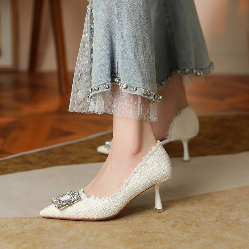 TRAF Women Heeled Heels 2022 Elegant Rhinestone Female Pumps Black White Texture Wedding Bride Luxury Brand Woman Shoes Heel