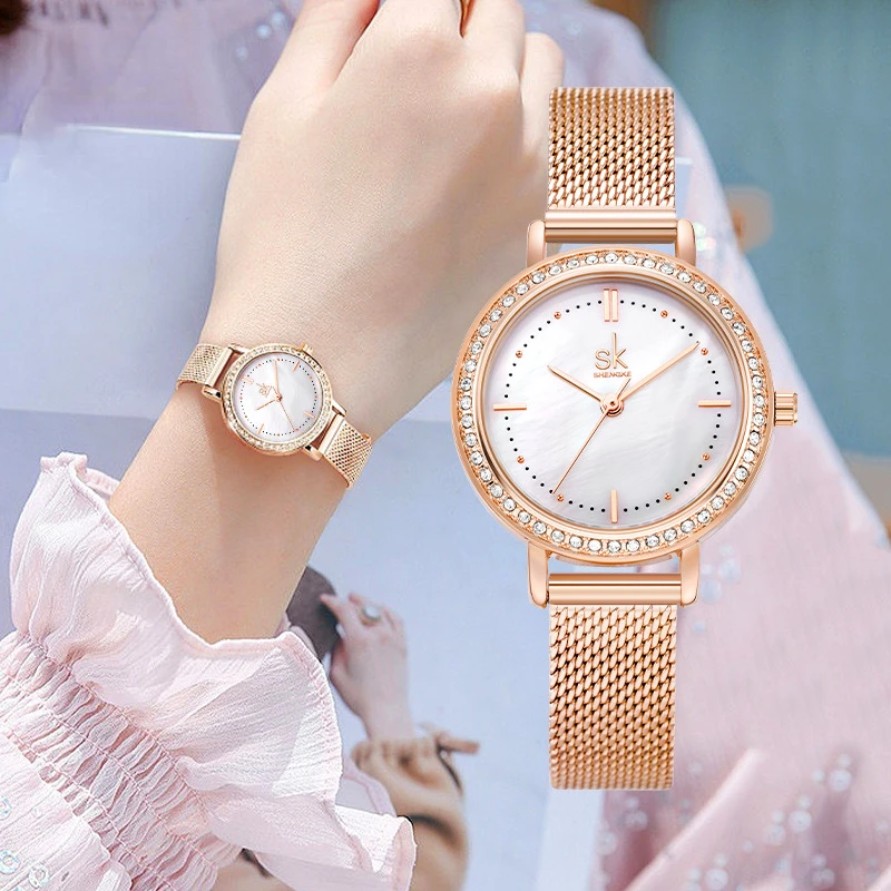 Alloy ladies watch round dial light luxury fashion elegant temperament mesh belt women's watch