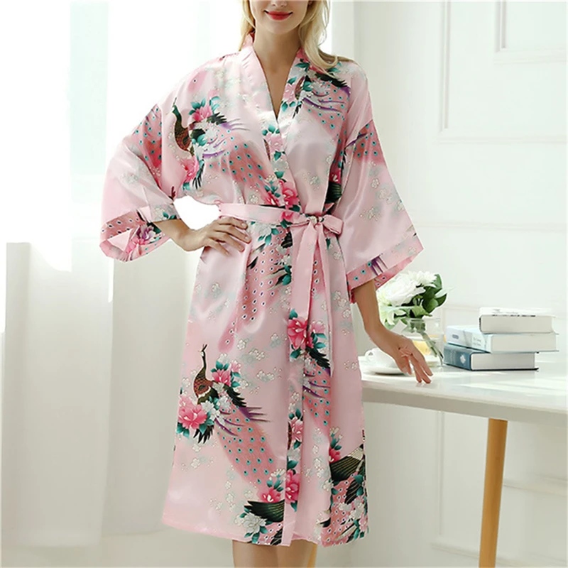 

Lady Sexy Costumes Japanese Kimono Yukata Dress With Belt Satin Silk Cardigan Pajamas Sleepwear Woman Smooth Bathing Robe Gown
