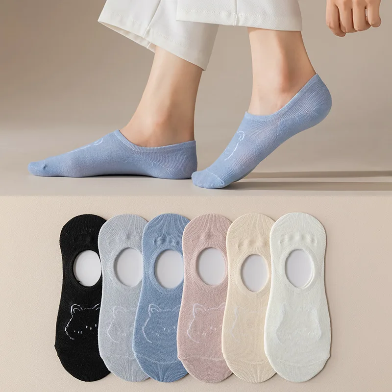 Cartoon Bear Head Cardboard Invisible Adult Silicone Non slip Boat Socks Solid Color Student Anti Slip Socks