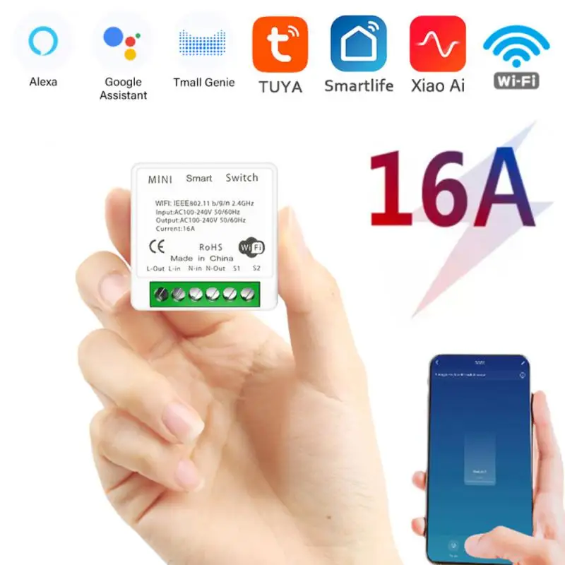

Умный Wi-Fi переключатель 16 А Tuya, двухсторонний мини-выключатель с умным контролем жизни, поддержка Alexa Google Home Яндекс Алисы