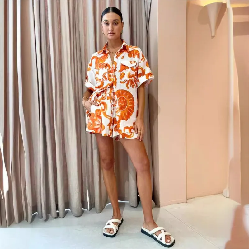 Летние женские повседневные оранжевые шорты с принтом модный воротник свободная