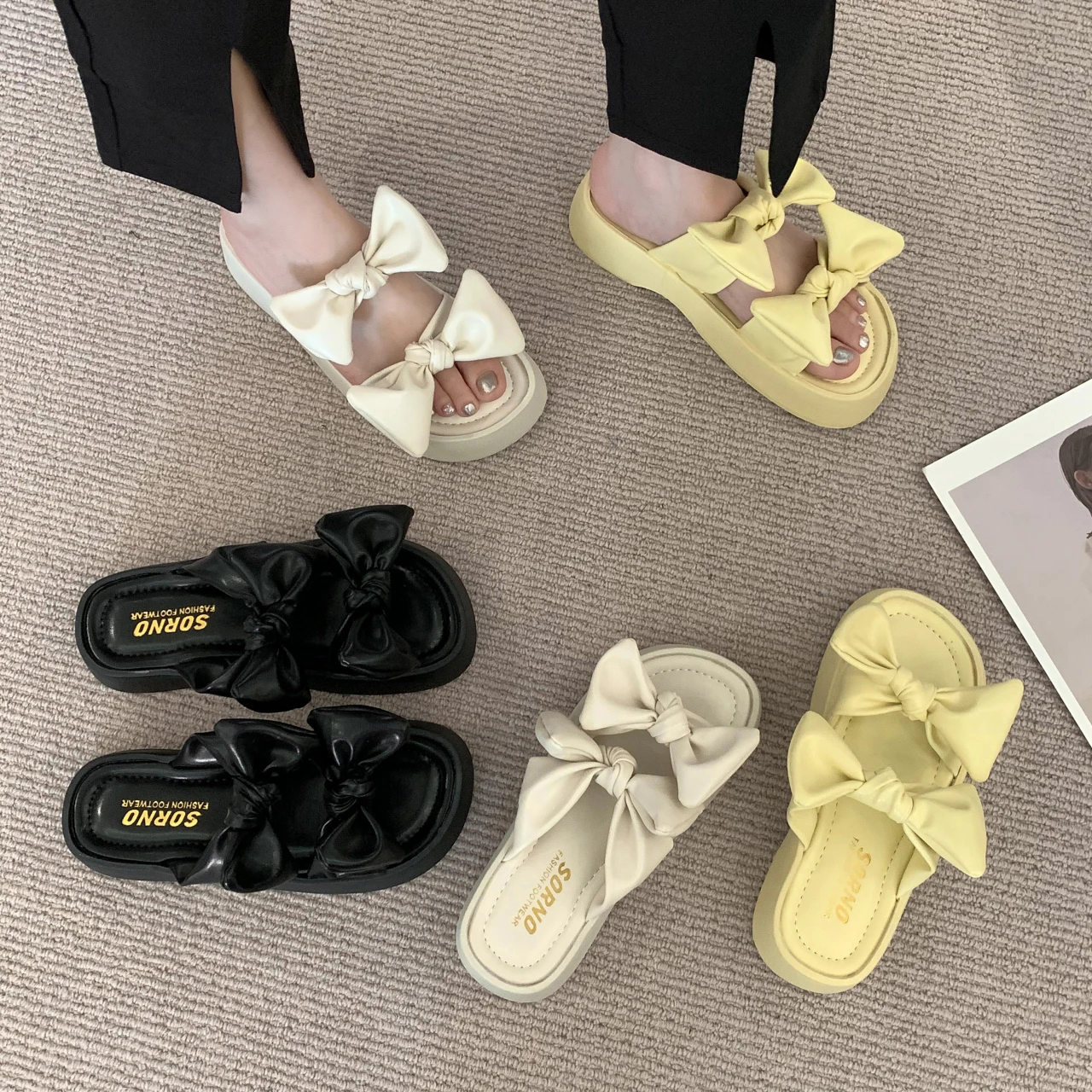 

Тапки женские домашние на платформе, роскошные шлепанцы на среднем каблуке, мягкие базовые, с бантом-бабочкой, лето 2022
