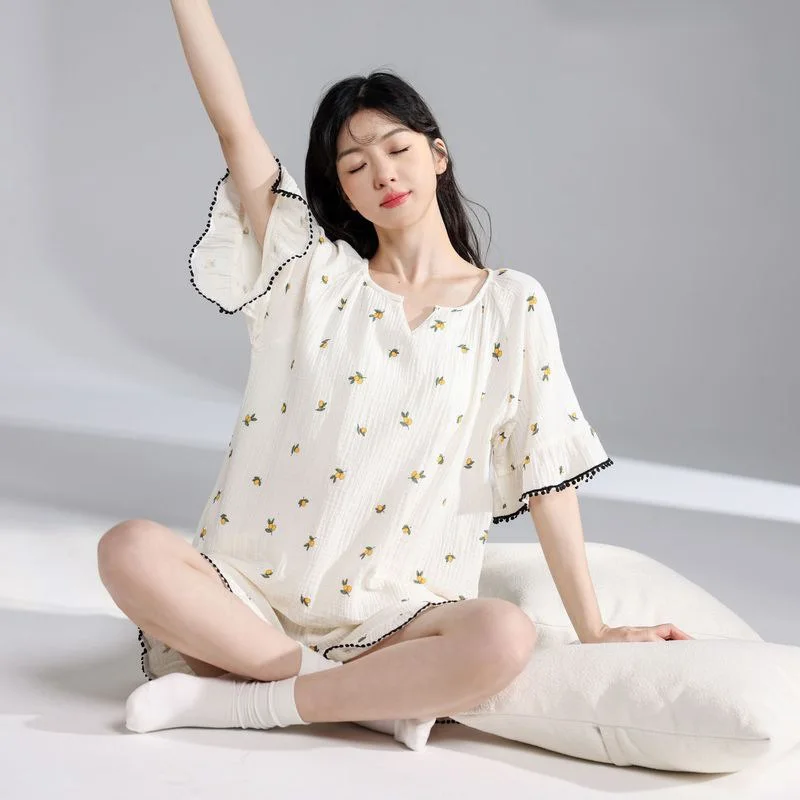 Pajamas Women's Summer Thin Crepe Cotton Short Sleeve Shorts Japanese Home Suit Two Piece Loose Sleepwear Dress Nightgown