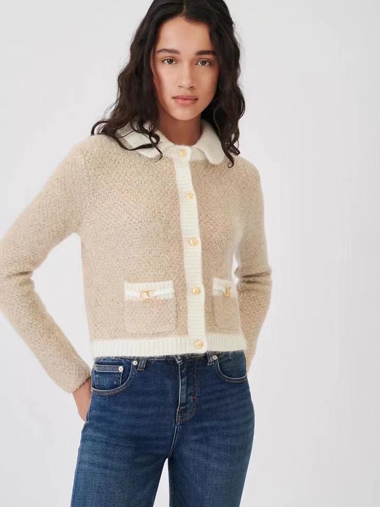 

Vintage Contrasting Colors Sweaters Knitwear Cardigan Women Elegant Casual POLO Collar Ladies Short Knitted Jacket Coat