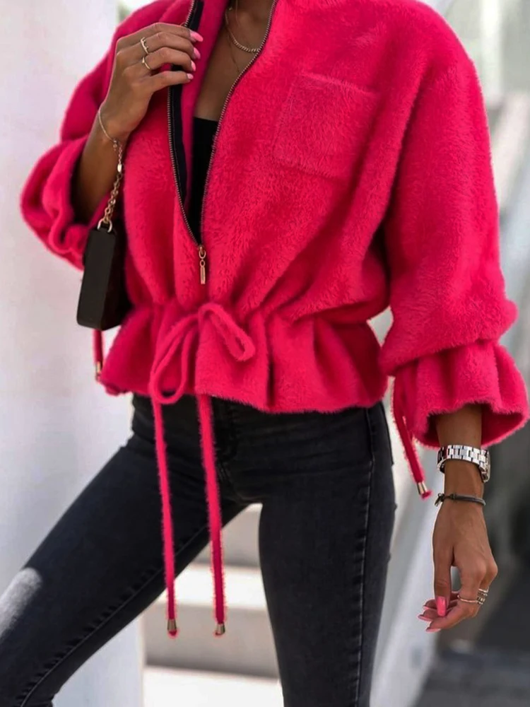 

New Lantern Sleeve Autumn Winter Women Coat Loungewear Zipper Cardigan Pocket Patchwork Jacket Solid V-Neck Streetwear Outerwear