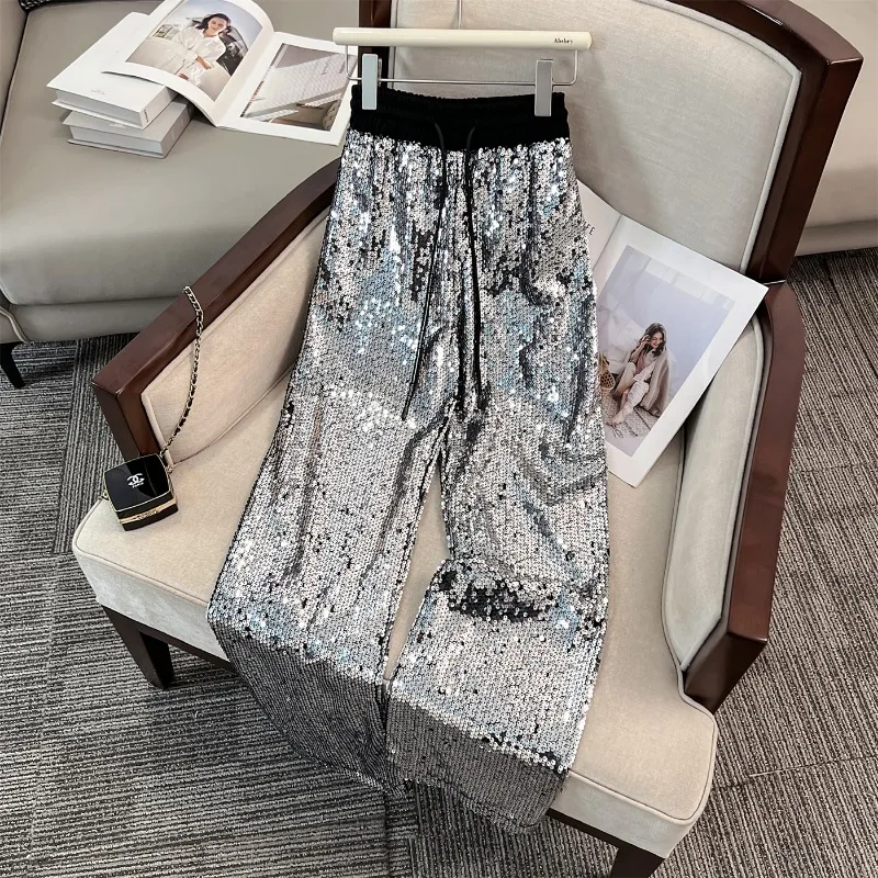 Брюки женские с блестками и широкими штанинами модные повседневные блестящие