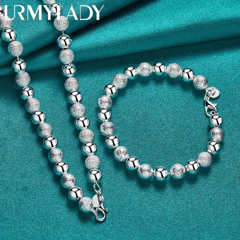 

URMYLADY 925 Sterling Silver Smooth Matte Bead Chain Bracelet Necklace Jewelry Set For Women Wedding Party Fashion Charm Gift