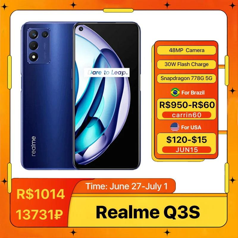 Global ROM Realme Q3s 5G Smartphone 6.6'' Snapdragon 778G Octa Core 5000mAh 30W Flash Charge 48MP Main Camera Cell Phones