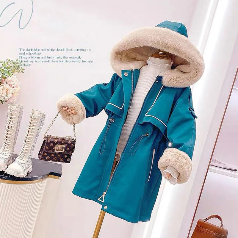 

Girls Windproof Parka Jackets Kids Snowsuit Winter Clothes 2022 New 4-14 Years Children's Plus Velvet Thick Long Coat TZ601