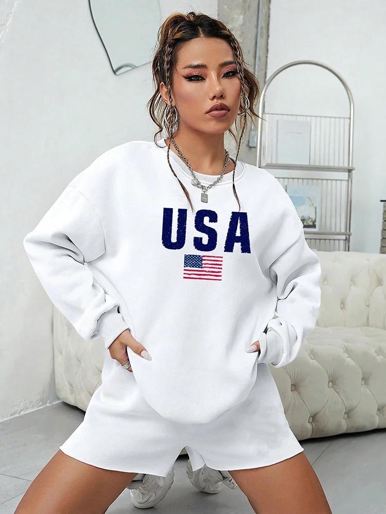 

American Flag USA Print Sweatshirts For Women Long Sleeves O-Neck Hoodie Personality Casual Pullover Fashion Female Top Clothes