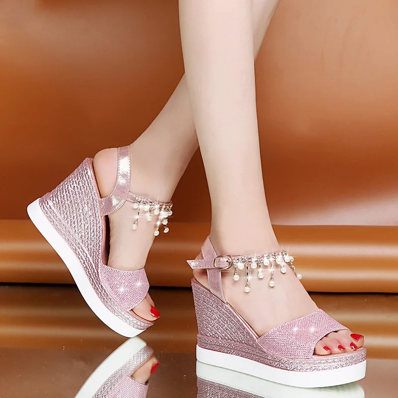 

Large Size New Sandals Women 2021 Summer New Women's Shoes Fashion Pearl Rhinestone Wedge Sandals Women Shoes Women Sandals