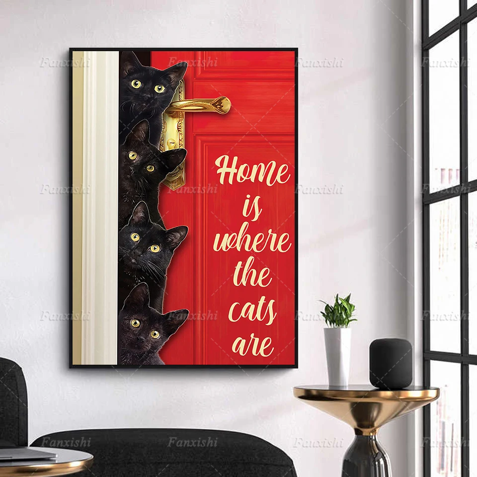 

Home Decor Prints Canvas Painting Is Where The Black Cats Poster Wall Art Funny Vintage Modular Pictures For Bedside Background