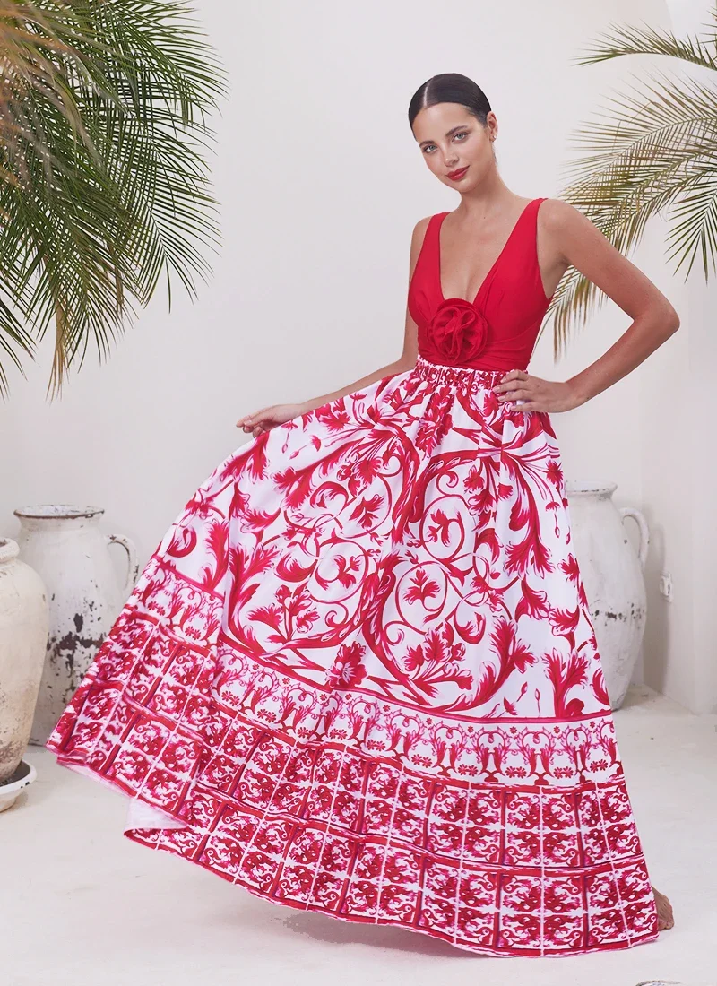 2024 сексуальный красный 3D Цветочный цельный комплект с оборками и юбкой купальник