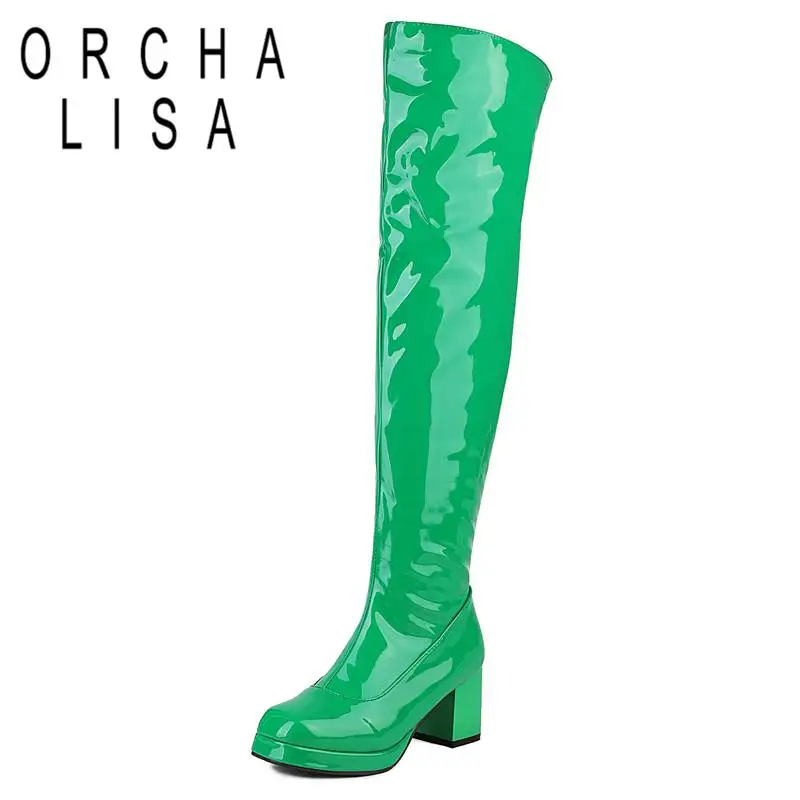 

ORCHA LISA Thigh Boots 52cm For Womens Square Toe Chunky Heel 7cm Platform 1.2cm Zipper Large Size 32-48 Sexy Party Shoes S4216