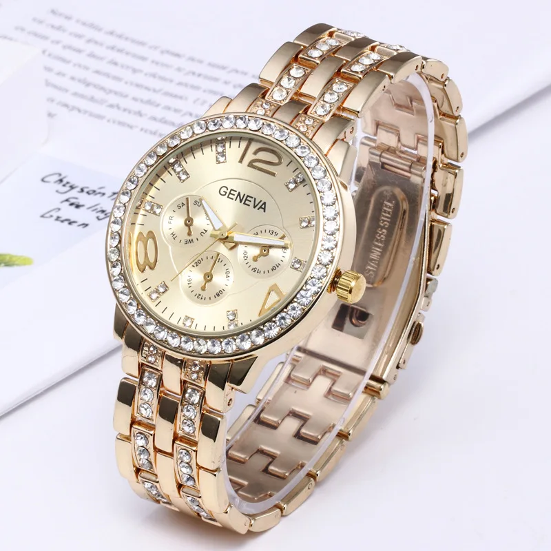 Luxury Female Watch Geneva Women Golden Steel Quartz Watch Military Crystal Casual Wrist Watches Rhinestone Relogio Feminino images - 6