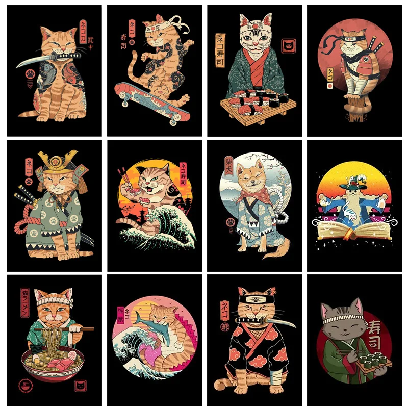 

Винтажная Традиционная японская самурайская кошка, холст, живопись волнами, картина канагава, художественные принты для дома, гостиной, дек...