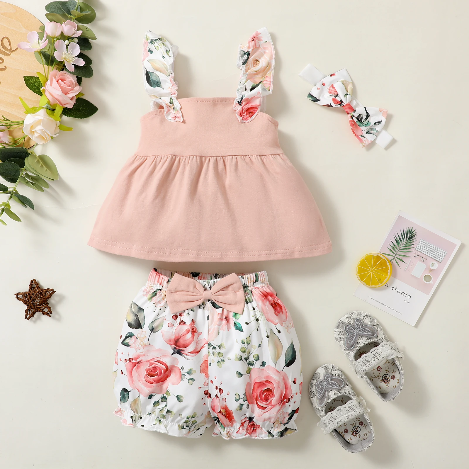 

New Toddler Baby Girl Suits Summer Suspenders Solid Color Ruffle Dress Tops + Floral Print Shorts Outfits Infant Clothing Sets