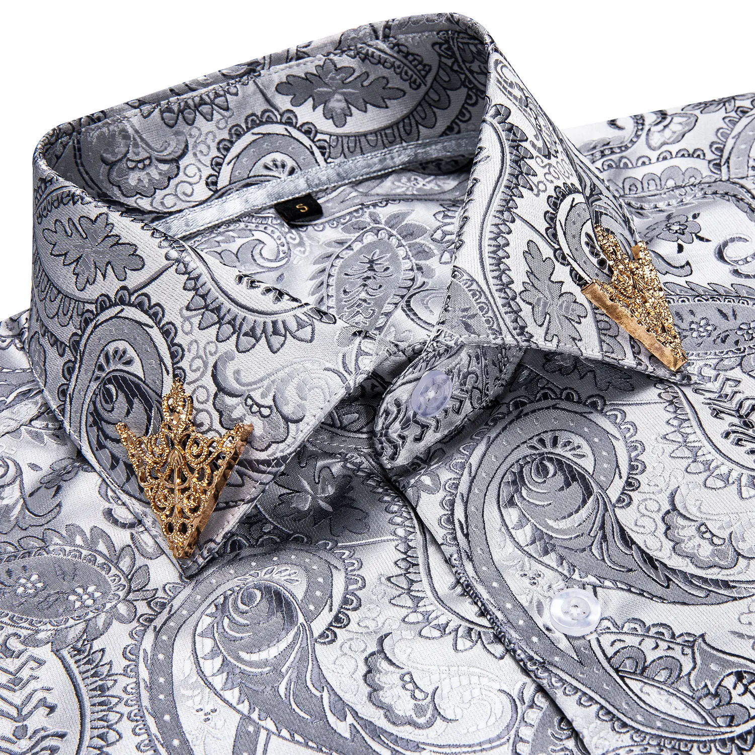 Men Shirt Silver White Casual Long Sleeve Turn-down Collar Shirts Fashion Paisley Floral Business Brand Male Button Blouses Gift