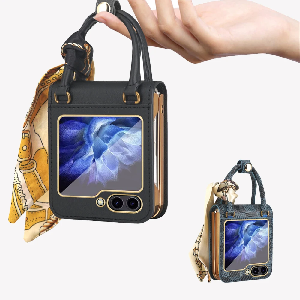 

Luxury Hand-held with Silk Scarf Leather Phone Case for Samsung Galaxy Z Flip5 Flip4 Fashion Shell for Women's Full Surround