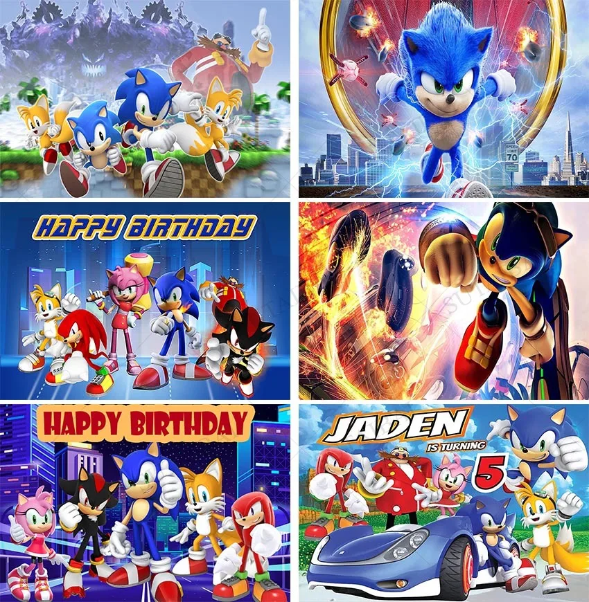 

Cartoon Running Speed Hero Blue Sonic Backdrop Photography Light Flash Kids Birthday Party Photo Background for Table Dcor