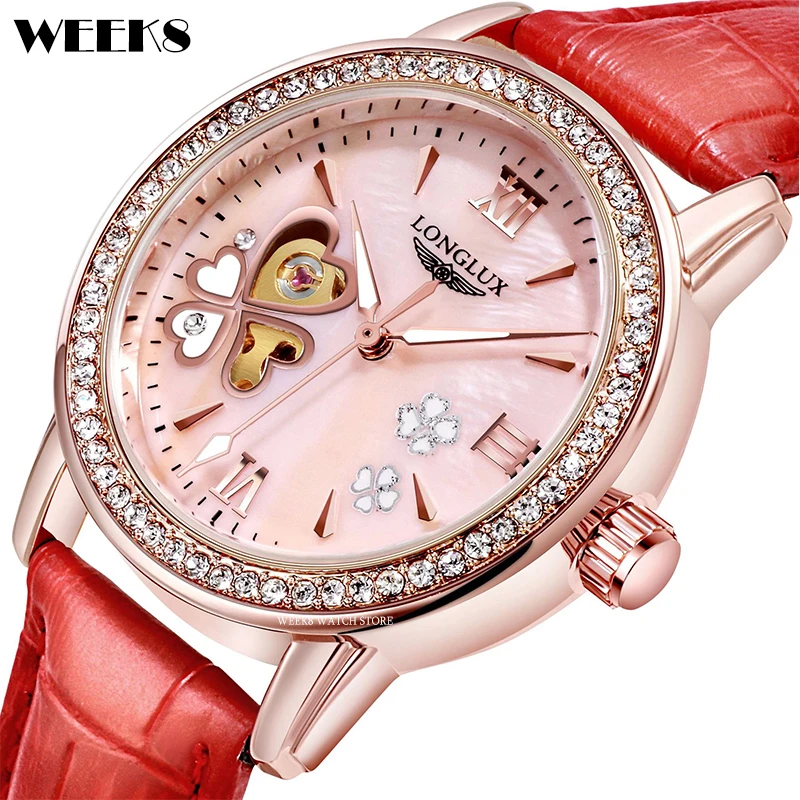 

Women Automatic Watch Hollow Skeleton Female Mechanical Wristwatch Diamond Rhinestone Inlay Bezel Genuine Leather Band Watch