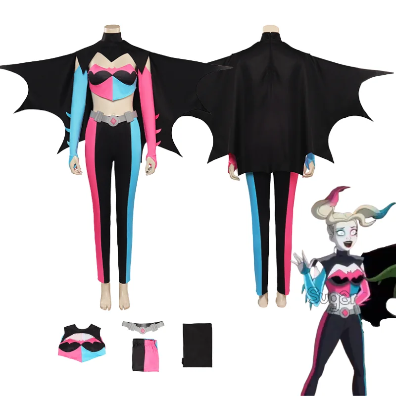 

Костюм для косплея Quinzel, Женский Топ, штаны, плащ, модные наряды, женская одежда для ролевых игр, костюм для Хэллоуина, карнавала, маскировки