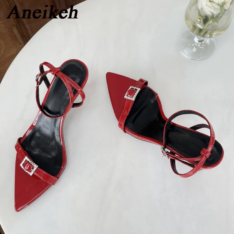 

Aneikeh 2024 Elegant Sexy Pointed Open Toe Thin Heels Sandals Women's PU Crystal Buckle Strap High Heels Office&Career Zapatos