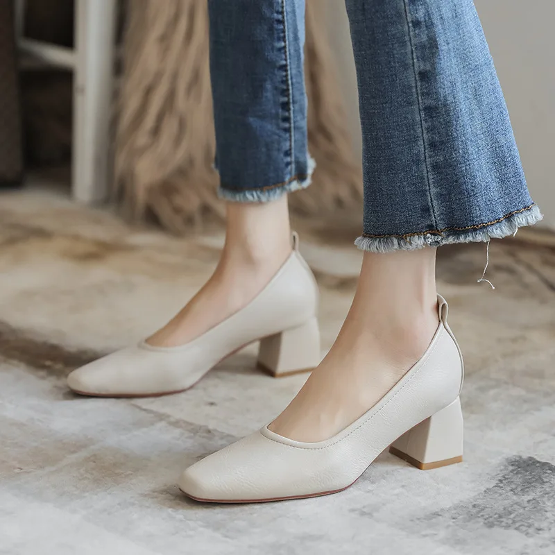 

2022 Elegant Ladies Soft Leather Pumps Square Toe Shallow Mouth Thick High Heels Single Shoes Brief Design Escarpins Femme