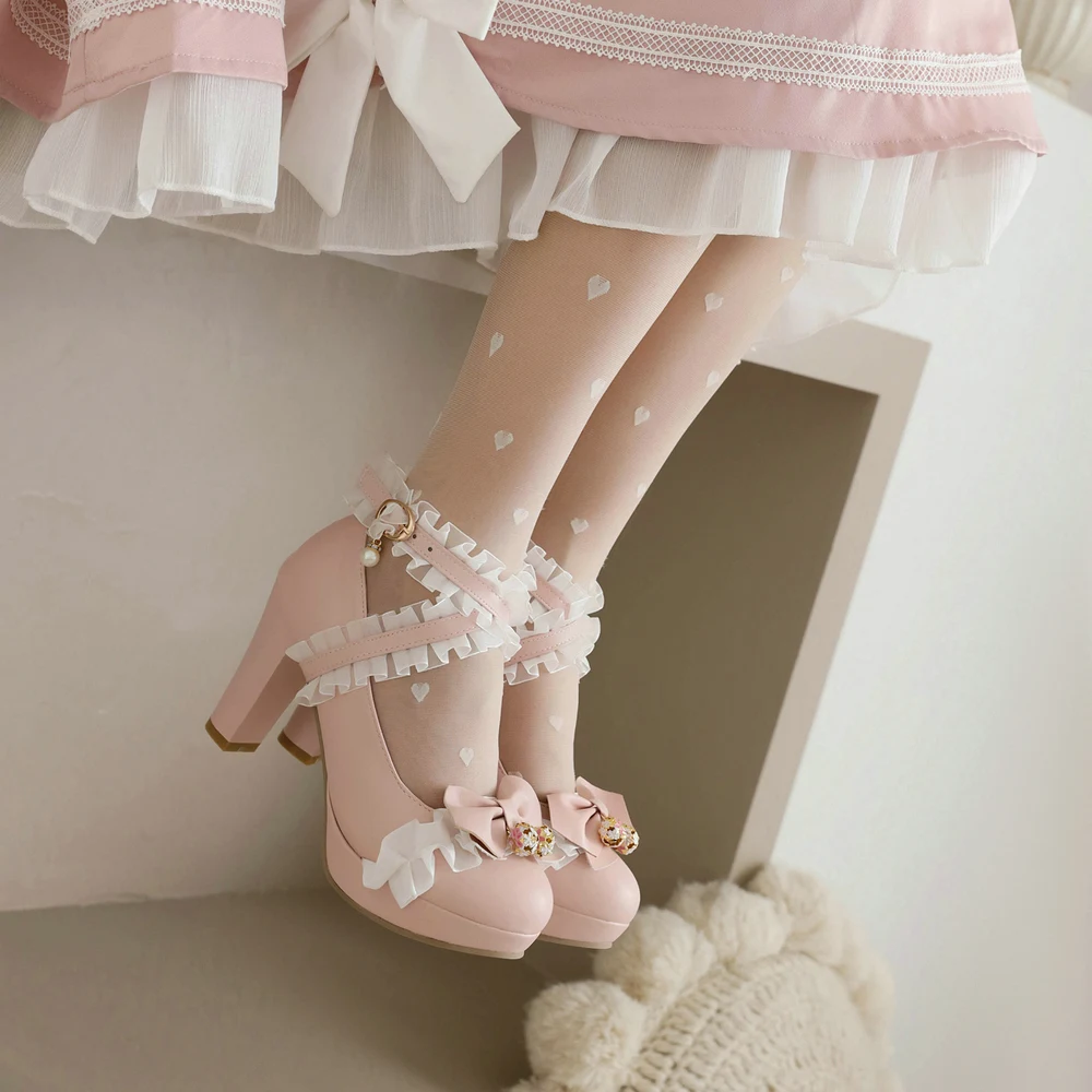 Women Sweet Bow Super High Heels Shoes Platform Bottom Work Cross Strap Pumps with Bell Girls Dress Wedding Footwear Big Size 46