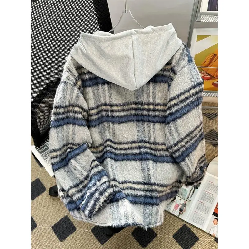 Женская винтажная рубашка с длинным рукавом в клетку большого размера на осень и