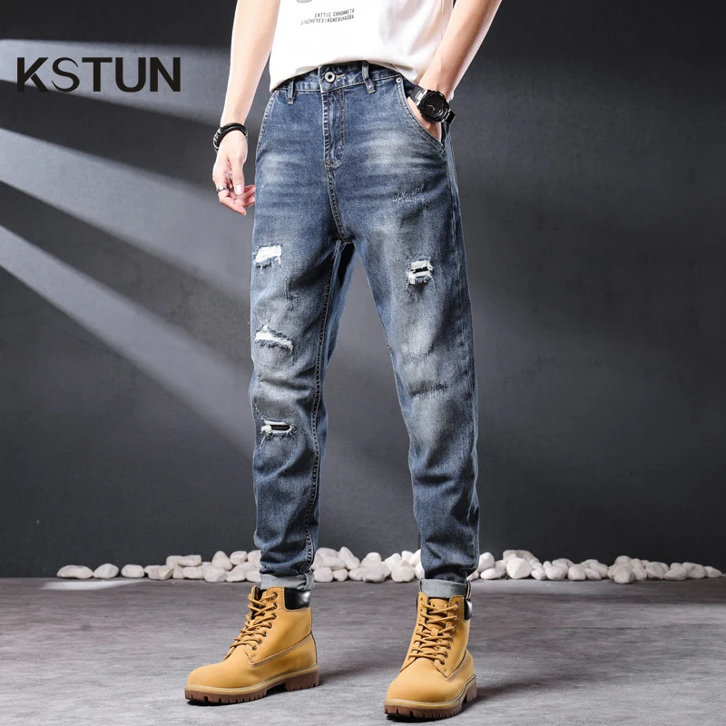 

Mens Baggy Ripped Jeans Denim Harem Pants Distressed Hip Hop Loose Fit Elastic Blue Destroyed Frayed Men Trousers Korean Style