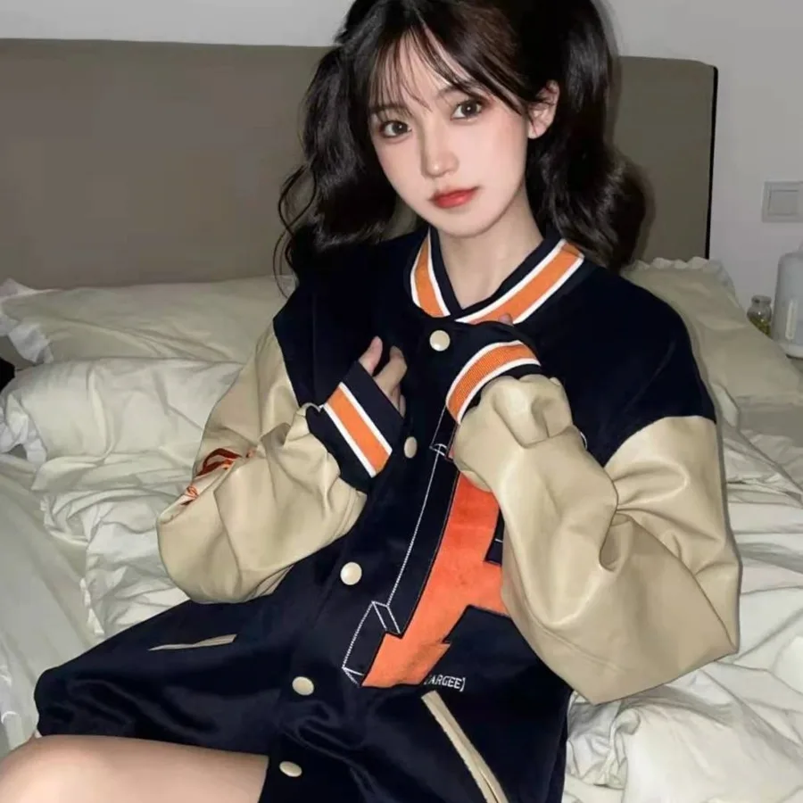 Куртка Женская бейсбольная модный бомбер контрастных цветов в стиле колледжа