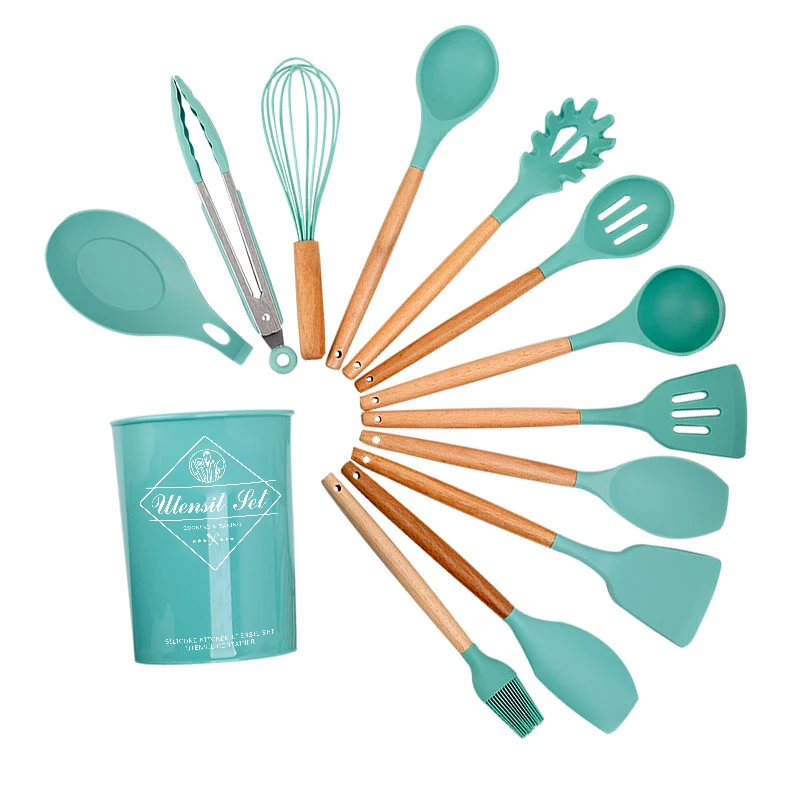 

Green Silicone Cooking Utensils Non-stick Kitchenware With Spoon Holder Wooden Handle Kitchen Accessories Cooking Tools Set