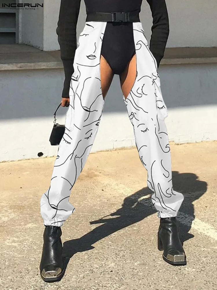 

INCERUN 2022 новые мужские длинные брюки с высокой талией, модные повседневные мужские брюки с абстрактным принтом лица и ощущением, с вырезами, ж...